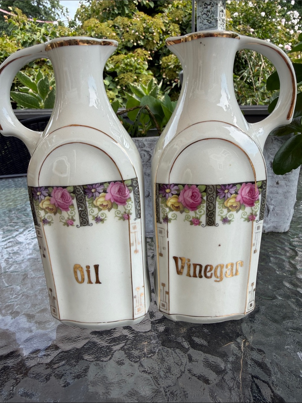 Ceramic Oil & Vinegar Cruet Set with Pink Floral Accents